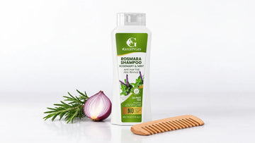 Rosmara rosemary shampoo with a wooden comb, a rosemary sprig and half a red onion