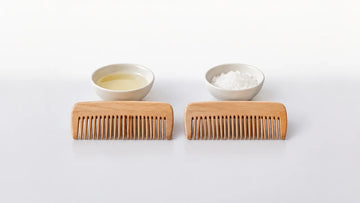 Two combs side by side, one with a dish of oil and one with dry flakes
