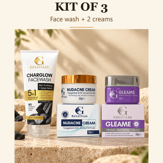 Acne Control Kit, banner text "Kit of 3": Charglow face wash with Nudacne and Gleame creams