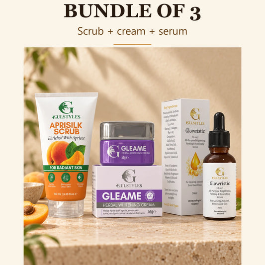 Bridal Glow Bundle, banner text "Bundle of 3": a scrub, a cream and a serum with boxes