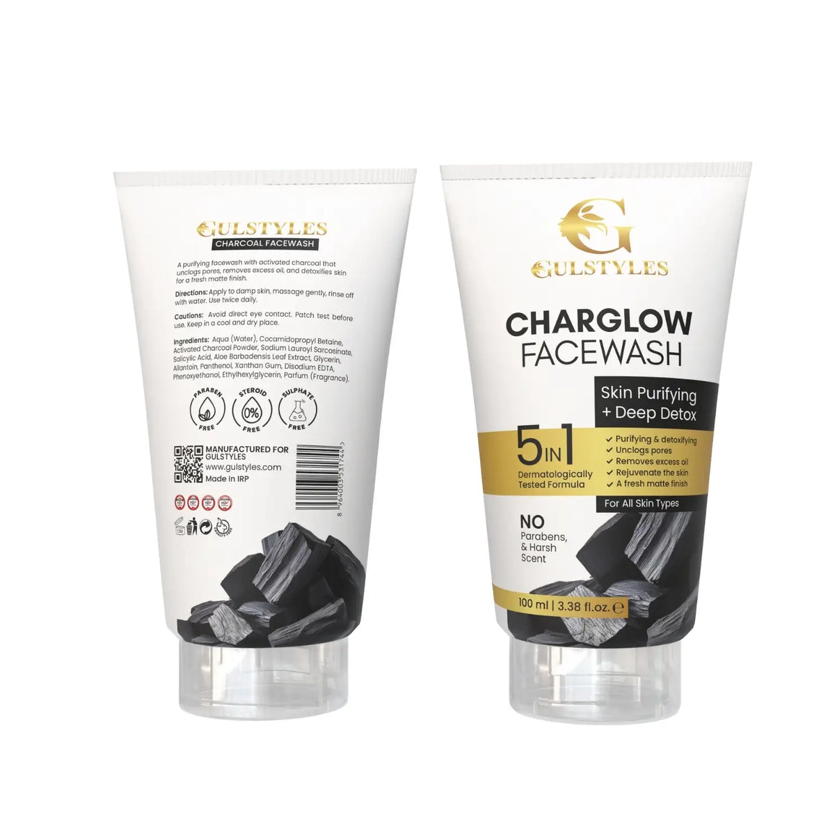 Charglow Charcoal Face Wash, tubes showing the ingredients side and the front