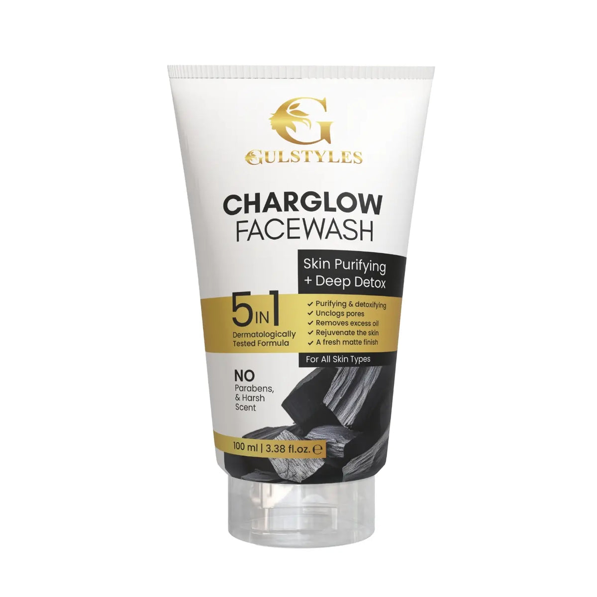 Charglow Charcoal Face Wash, tube, front view