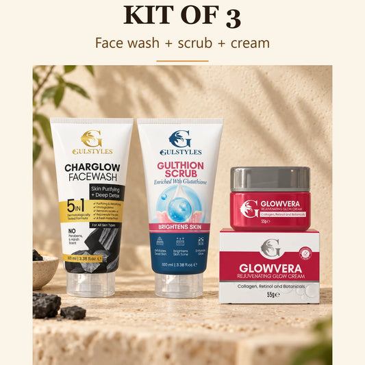 Ultimate Deep Detox Skincare Kit, banner text "Kit of 3": Charglow face wash, Gulthion scrub and Glowvera cream