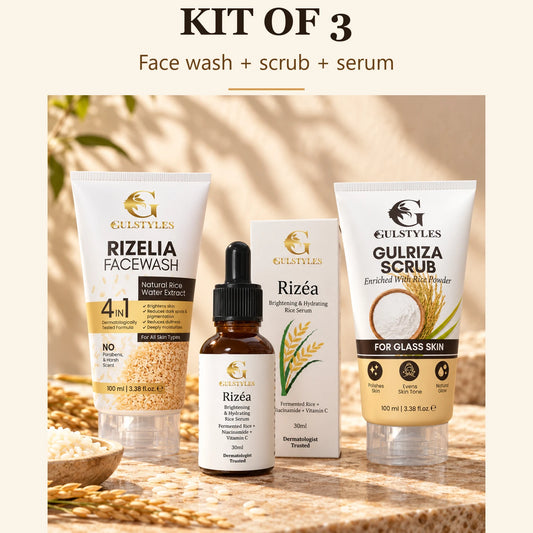 Glassy Glow Skincare Kit, banner text "Kit of 3": Rizelia face wash, Rizea serum and Gulriza scrub