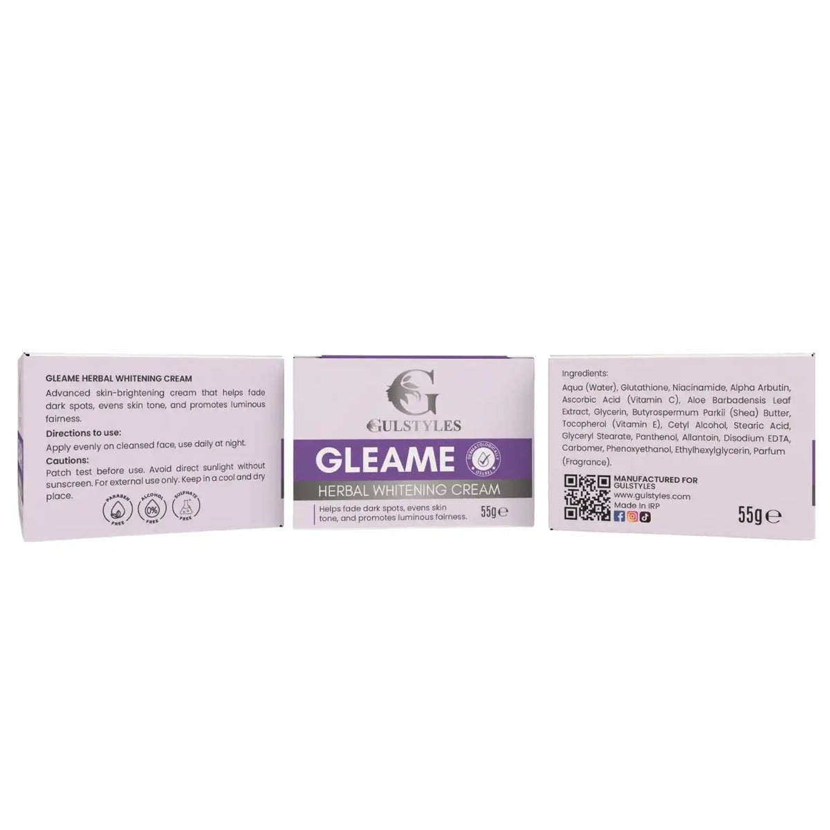 Gleame Herbal Whitening Cream, box panels laid flat, front and sides