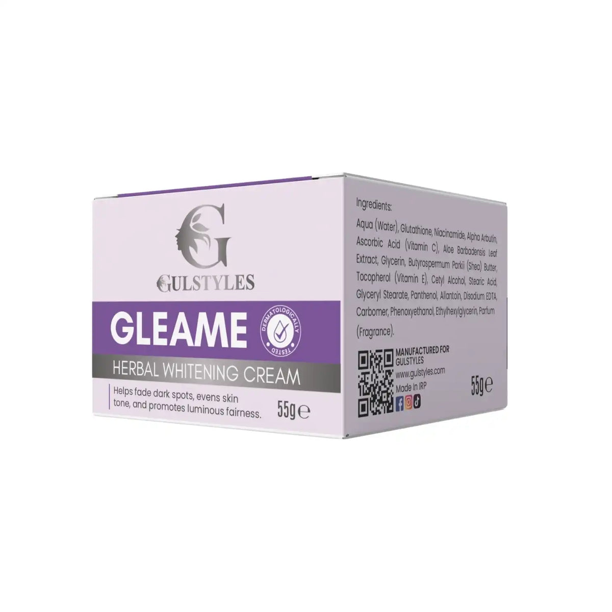 Gleame Herbal Whitening Cream, box, side panel with ingredients