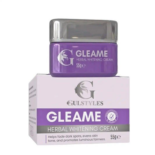 Gleame Herbal Whitening Cream, jar with silver lid resting on its box
