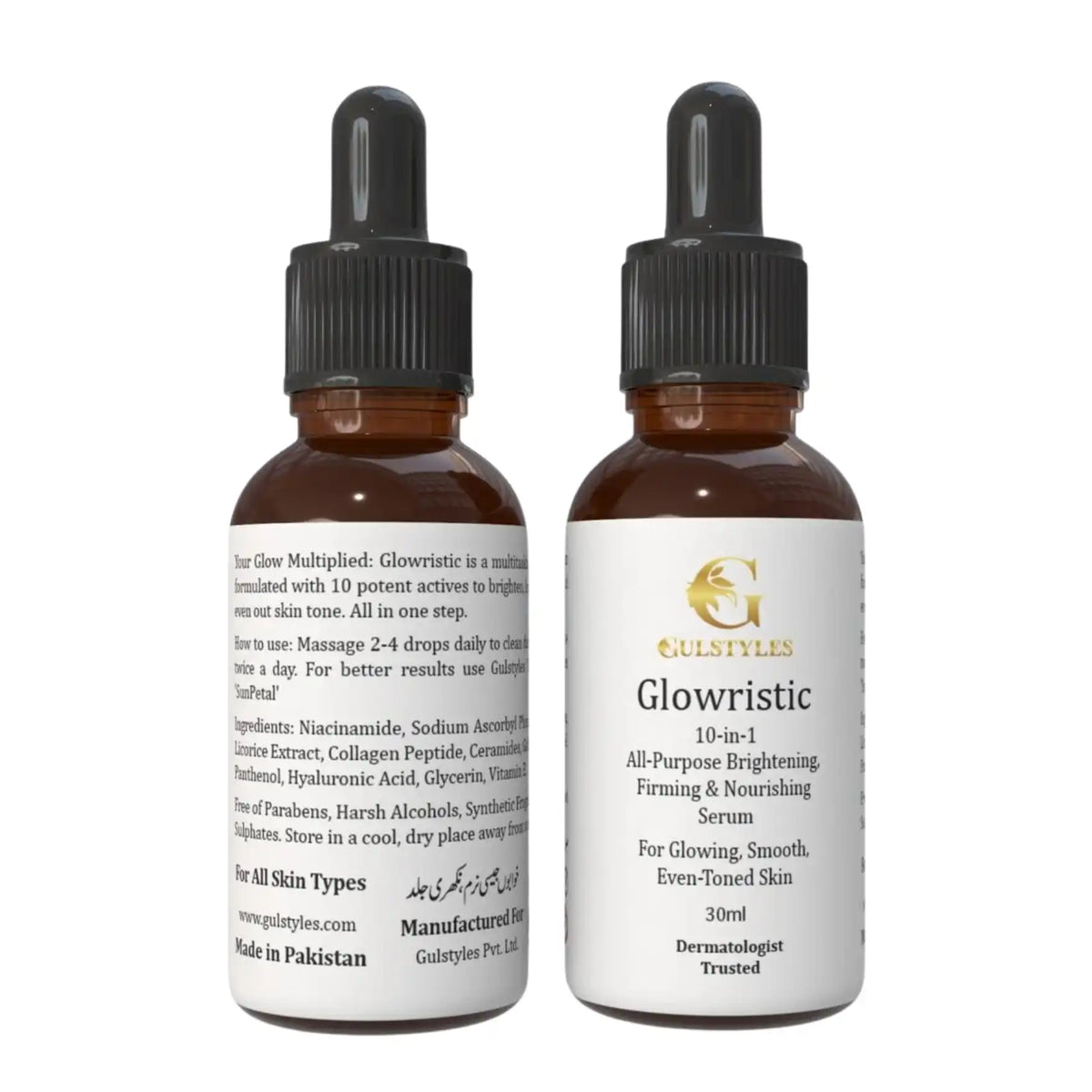 Glowristic 10-in-1 Brightening Serum, two dropper bottles, front and back labels
