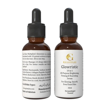 Glowristic 10-in-1 Brightening Serum, two dropper bottles, front and back labels