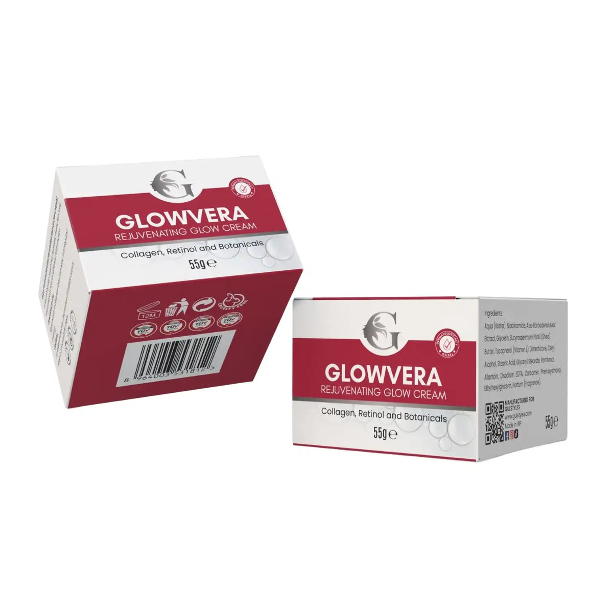 Glowvera Rejuvenating Glow Cream, box seen from the barcode side with a jar in front