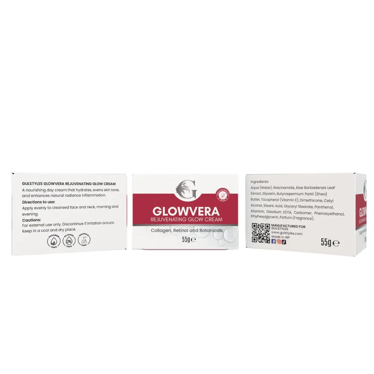 Glowvera Rejuvenating Glow Cream, box panels laid flat, front and sides