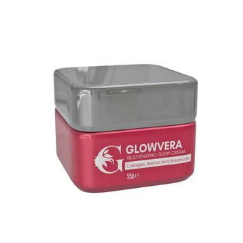 Glowvera Rejuvenating Glow Cream, jar with silver lid, angled view