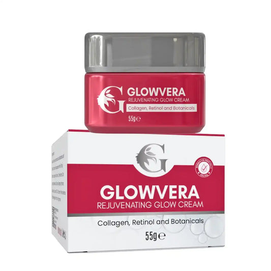 Glowvera Rejuvenating Glow Cream, jar with silver lid resting on its box