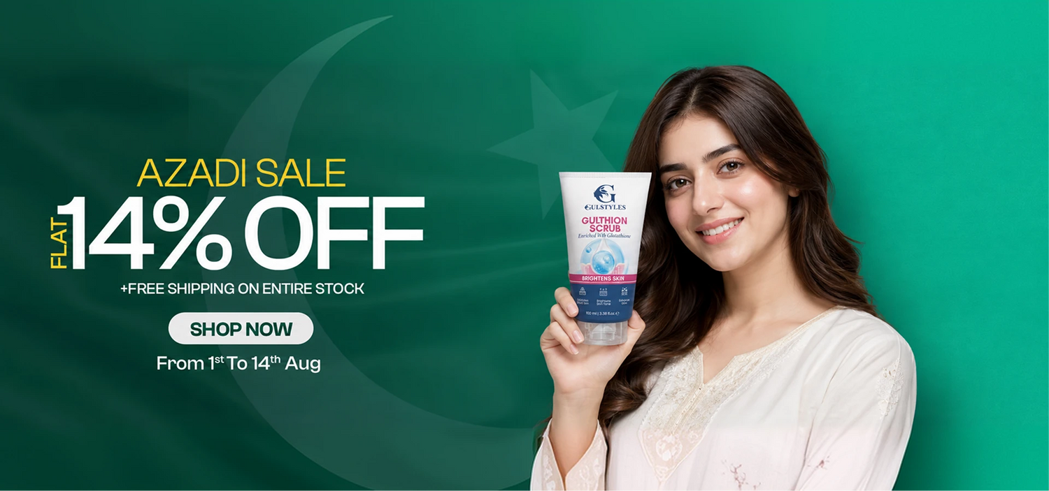 Gulstyles Azadi Sale banner promoting flat 14% off and free shipping with a woman holding a Gulthion Scrub tube.