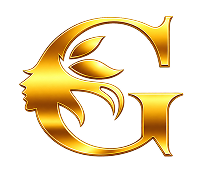 A stylized metallic gold monogram letter G with leaf-like flourishes and a side profile silhouette, shown on a plain white background.