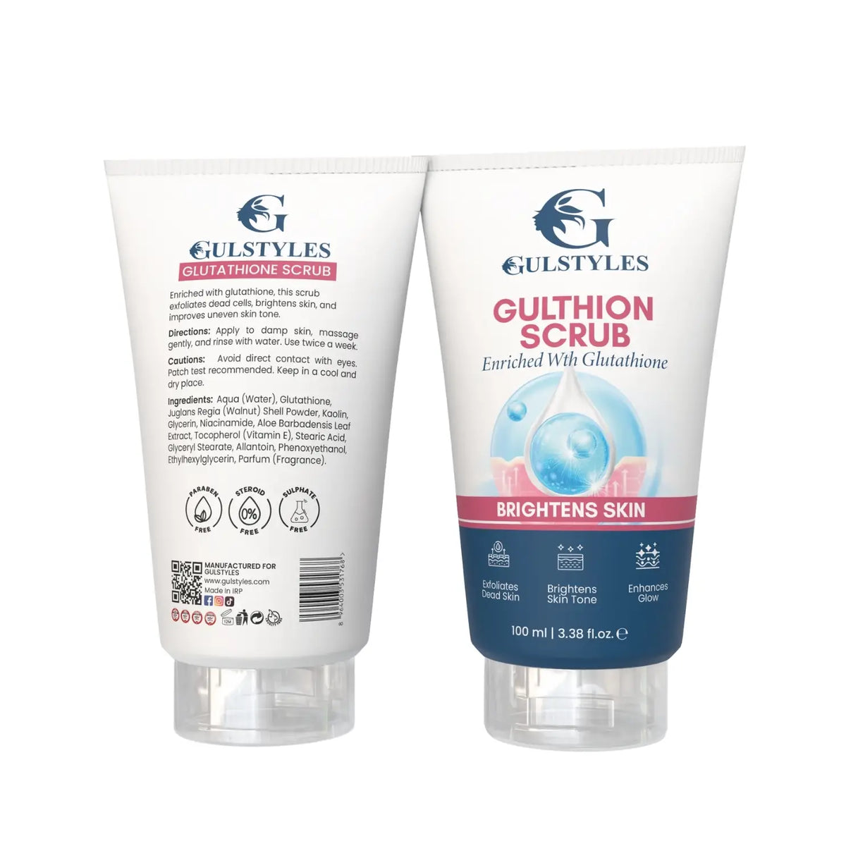 Gulthion Glutathione Scrub, tubes showing the ingredients side and the front