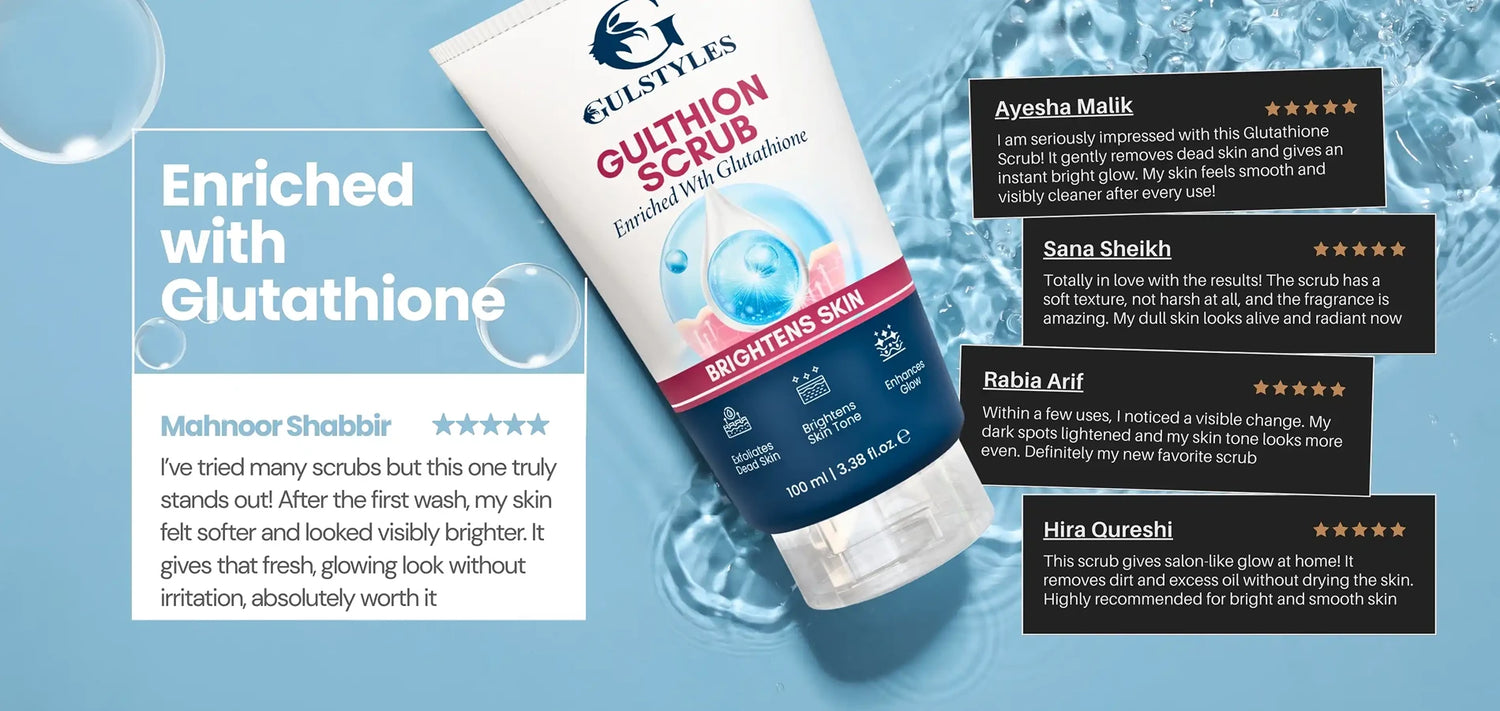 A promotional graphic for GluStyles Glutathione Scrub, showing a single squeeze tube of brightening scrub on a blue water-textured background with several customer review cards and text callouts.