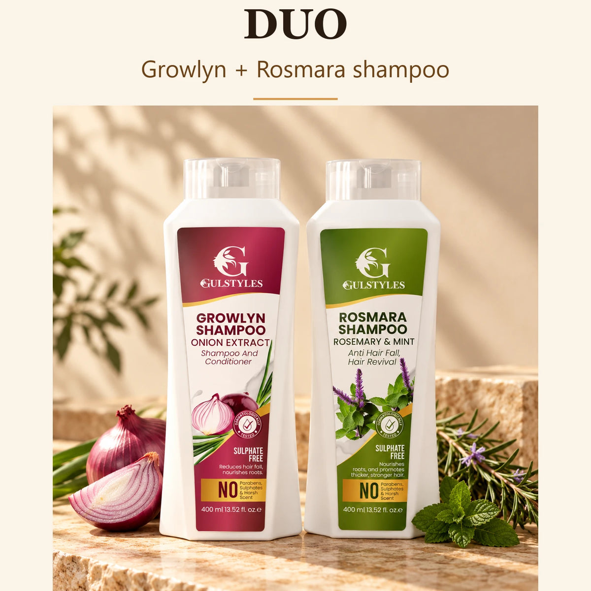 Hair Fall Control Duo, banner text "Duo": Growlyn and Rosmara shampoo bottles with onion and rosemary