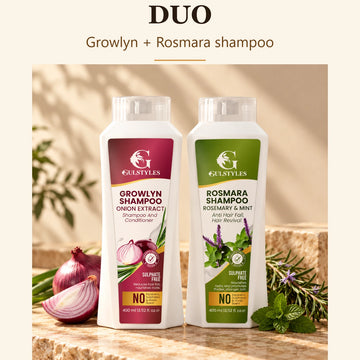 Hair Fall Control Duo, banner text "Duo": Growlyn and Rosmara shampoo bottles with onion and rosemary