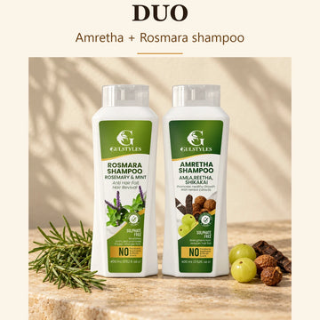 Herbal Hair Revival Kit, banner text "Duo": Amretha and Rosmara shampoo bottles with amla and rosemary