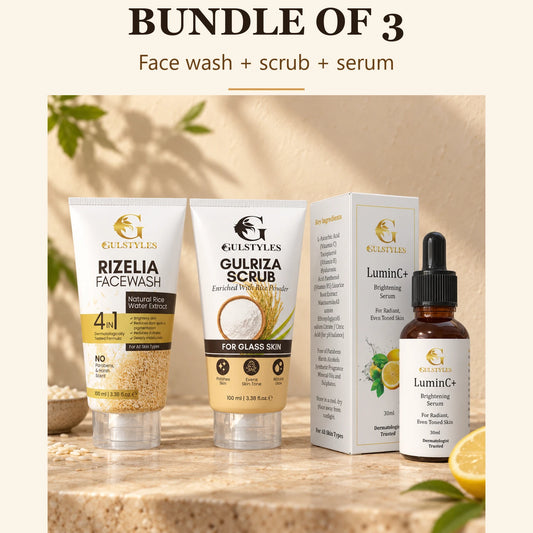 Instant Glow Bundle, banner text "Bundle of 3": Rizelia face wash, Gulriza scrub and Rizea serum