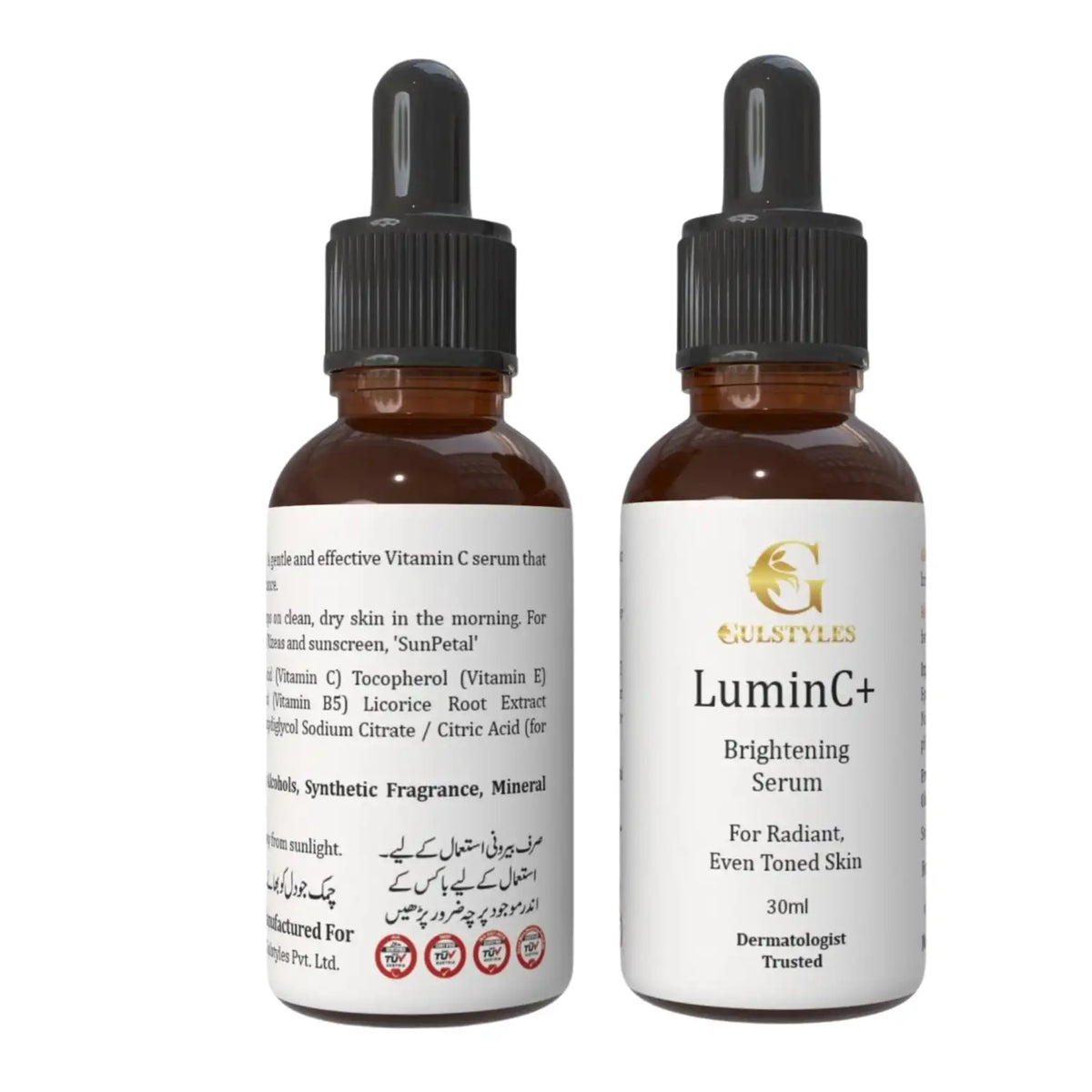 LuminC+ Vitamin C Serum, two dropper bottles, front and back labels