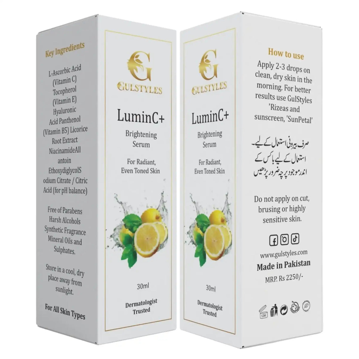 LuminC+ Vitamin C Serum, two boxes, front and back with directions
