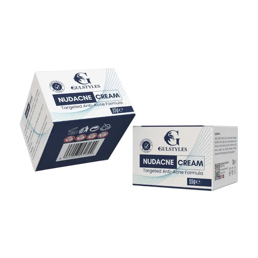 Nudacne Acne Clarifying Cream, box seen from the barcode side beside a jar