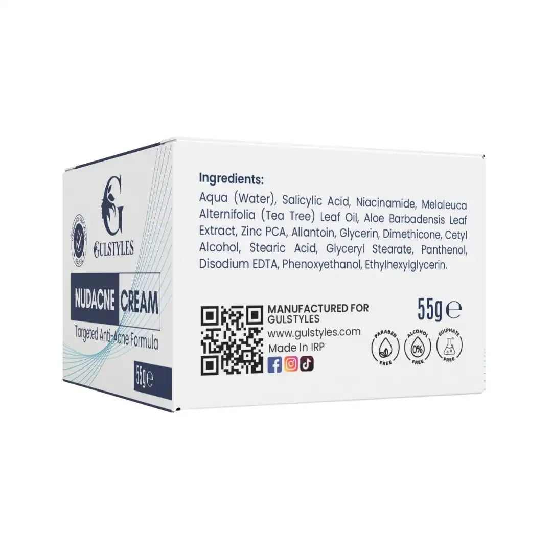 Nudacne Acne Clarifying Cream, box, back panel with ingredients and QR code