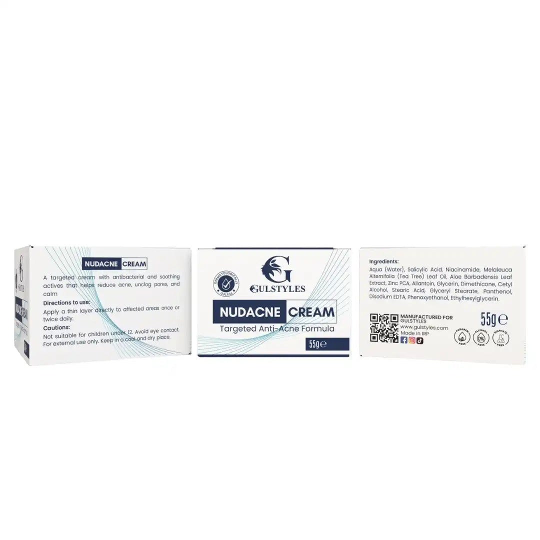 Nudacne Acne Clarifying Cream, box panels laid flat, front and sides