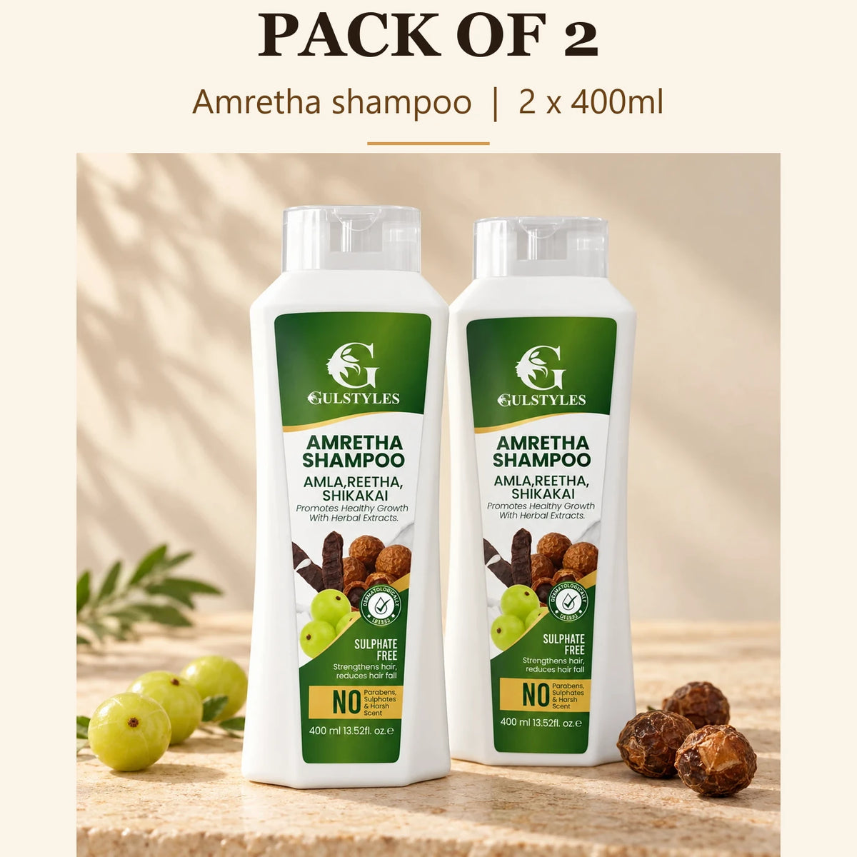 Amretha Shampoo Pack of 2, banner text "Pack of 2": two bottles, 2 x 400ml