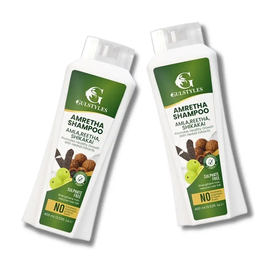 Amretha Shampoo Pack of 2, two bottles, tilted