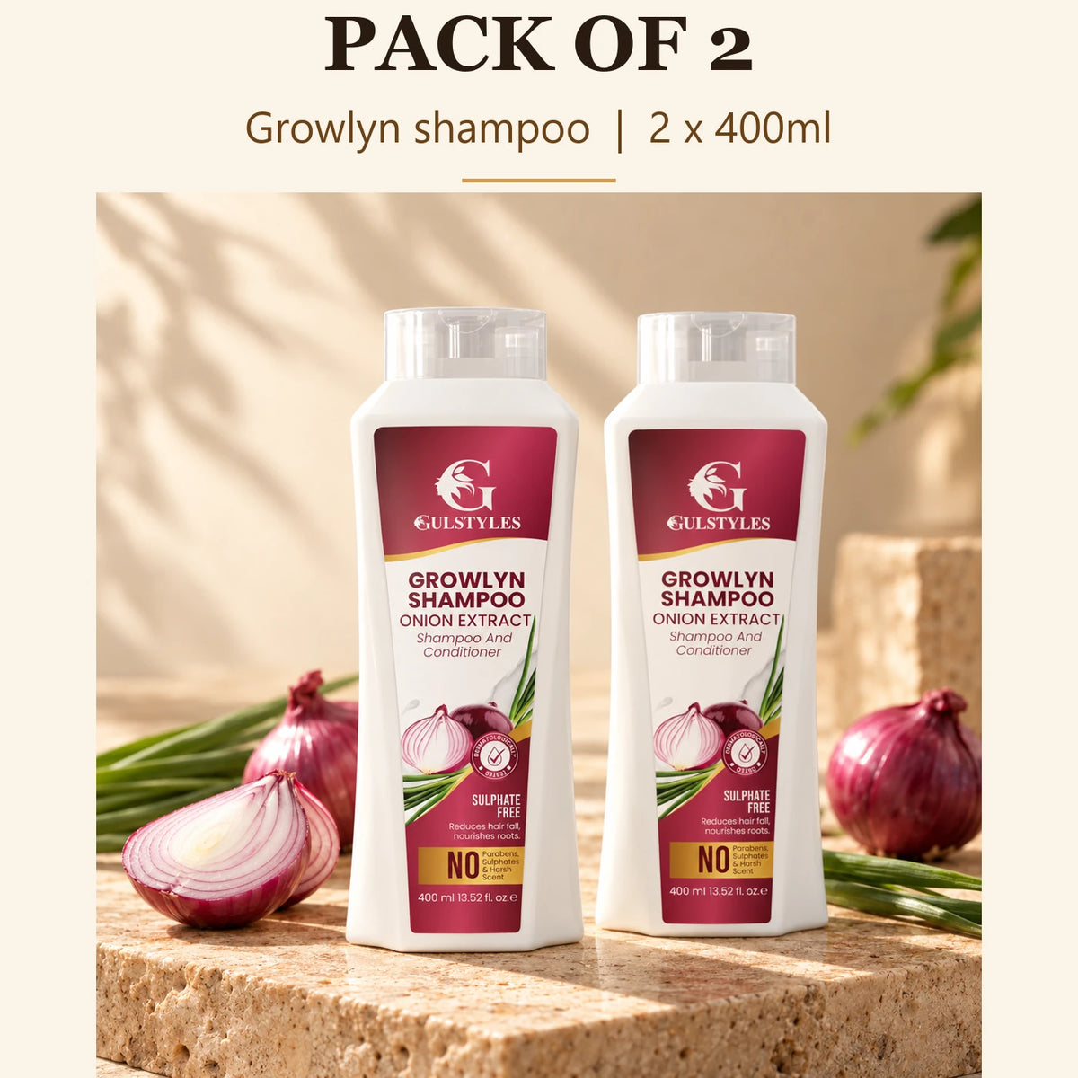Growlyn Shampoo Pack of 2, banner text "Pack of 2": two bottles, 2 x 400ml