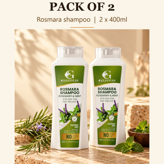 Rosmara Shampoo Pack of 2, banner text "Pack of 2": two bottles, 2 x 400ml