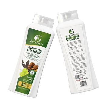 Amretha Shampoo Pack of 3, bottles tilted, front and back labels