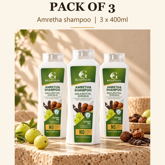 Amretha Shampoo Pack of 3, banner text "Pack of 3": three bottles, 3 x 400ml