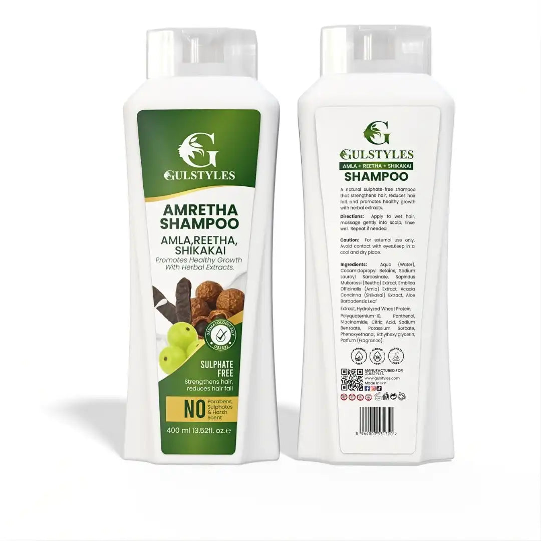 Amretha Shampoo Pack of 3, bottles showing the front and back labels