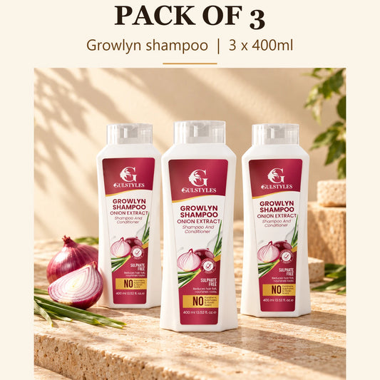 Growlyn Shampoo Pack of 3, banner text "Pack of 3": three bottles, 3 x 400ml