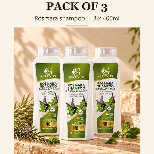 Rosmara Shampoo Pack of 3, banner text "Pack of 3": three bottles, 3 x 400ml