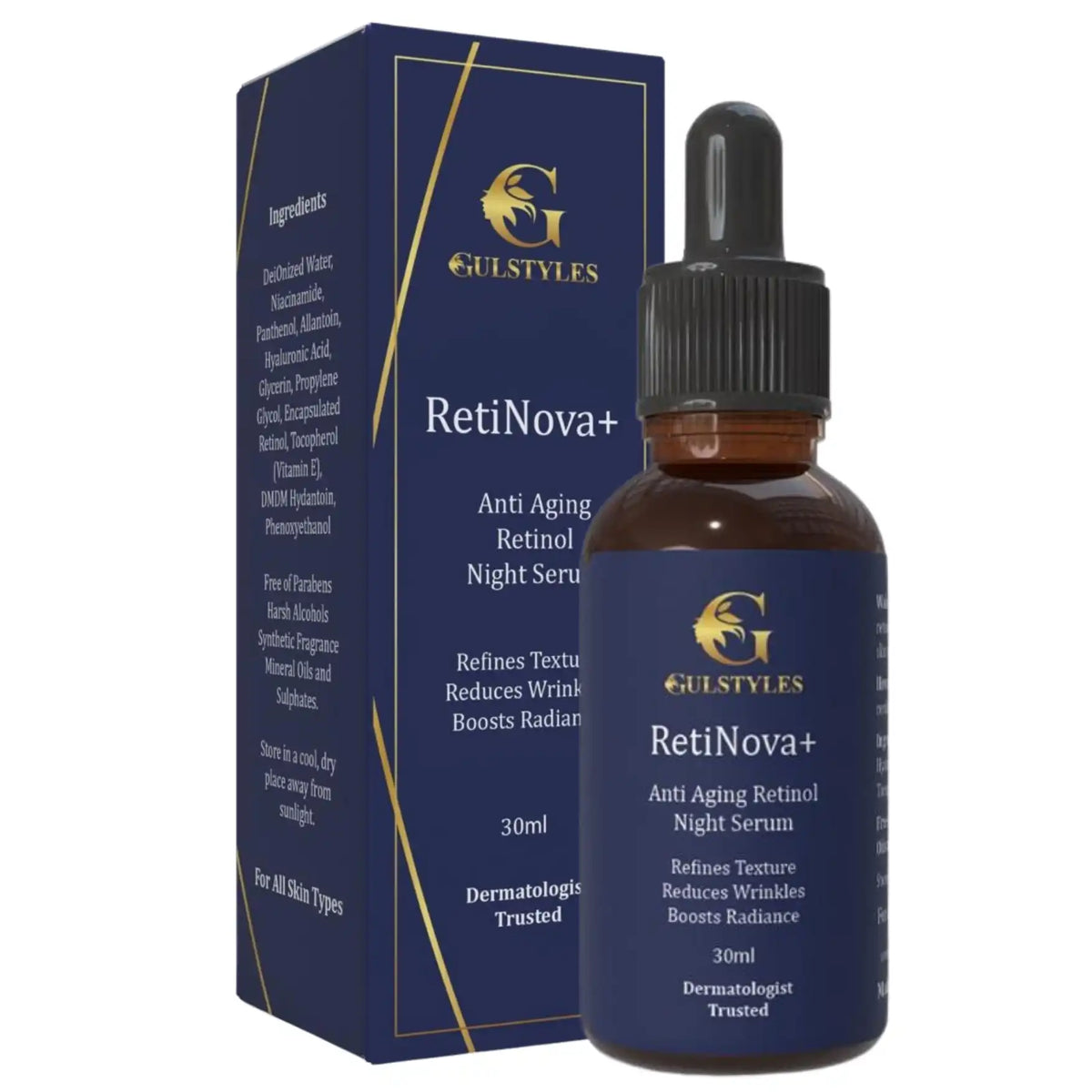 RetiNova+ Retinol Serum, dropper bottle beside its box