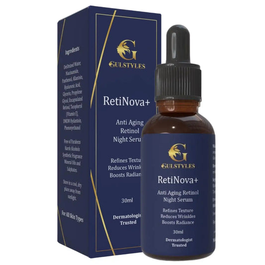 RetiNova+ Retinol Serum, dropper bottle beside its box