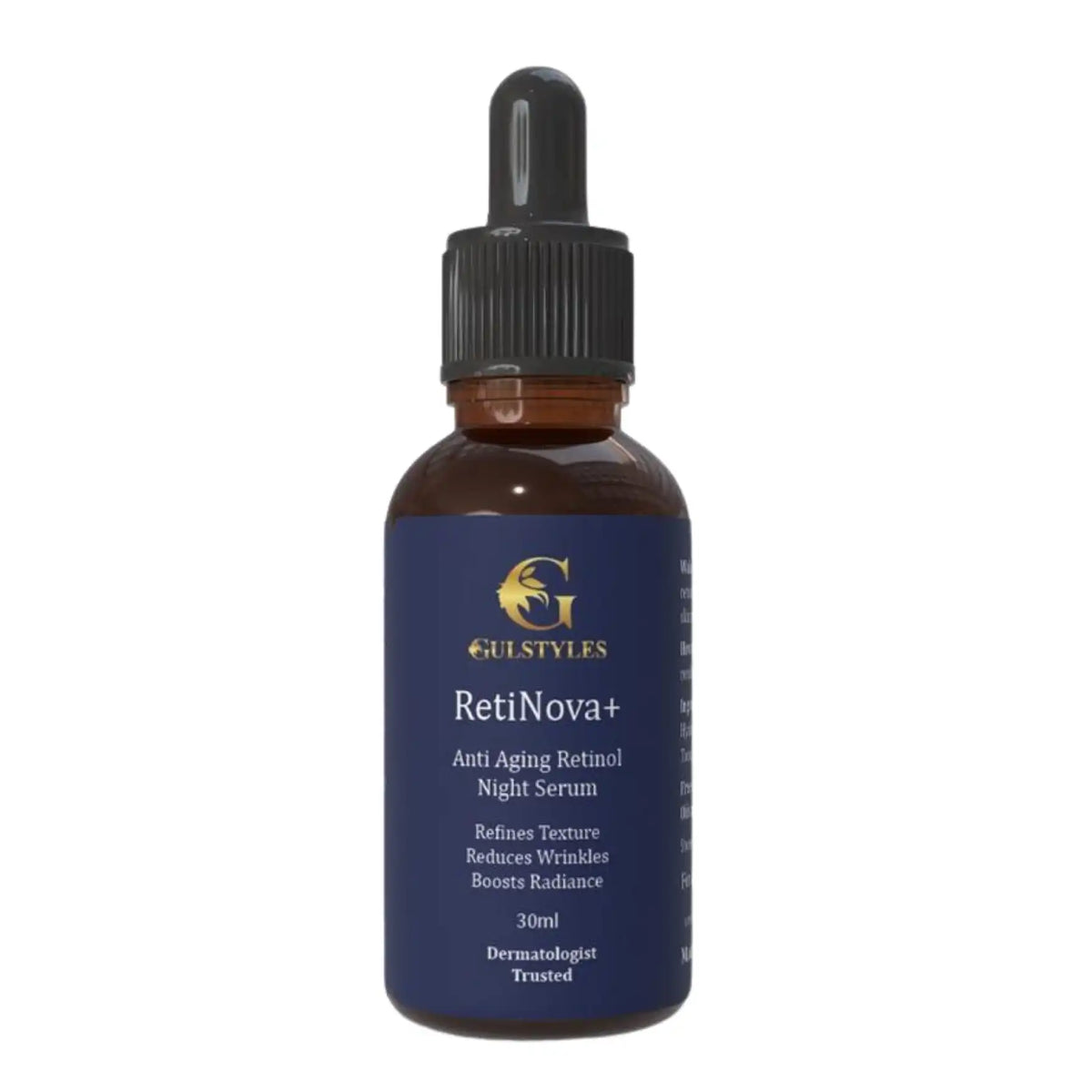 RetiNova+ Retinol Serum, dropper bottle on white