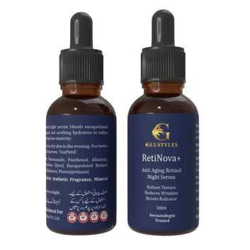 RetiNova+ Retinol Serum, two dropper bottles, front and back labels