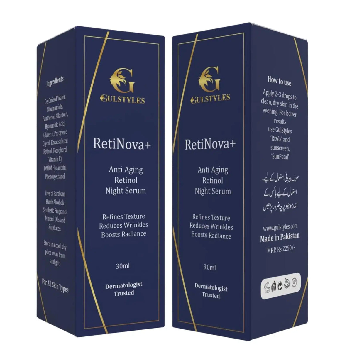 RetiNova+ Retinol Serum, two boxes, front and back