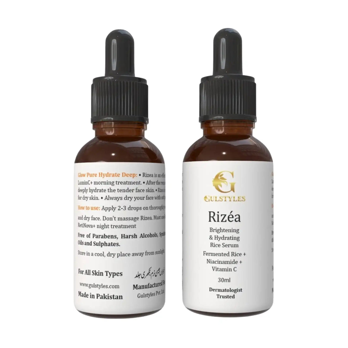 Rizea Rice Extract Serum, two dropper bottles, front and back labels