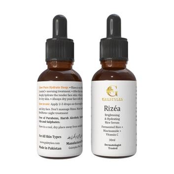 Rizea Rice Extract Serum, two dropper bottles, front and back labels
