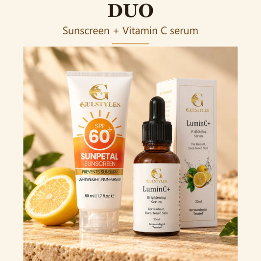 Sun Protection Essentials, banner text "Duo": SunPetal sunscreen tube and LuminC+ serum with lemon