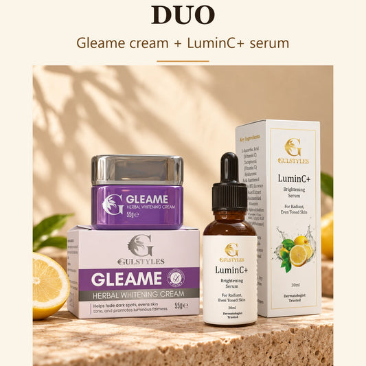 Whitening and Brightening Duo, banner text "Duo": Gleame cream and box with a LuminC+ serum bottle and lemon